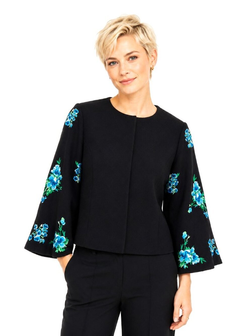 Tahari Petites Black Blue Floral Embroidered Fan Sleeve Blazer